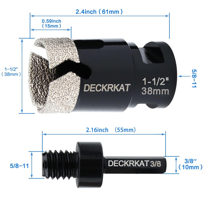 DECKRKAT 1-1/2” Diamond Core Drill Bit 38mm Vacuum Brazed Hole Saw with Cutting Flutes for Granite Quartz Porcelain Tile Hard Materials 5/8-11 Female Thread & 3/8” Hex Shank Adapter Fit Angle Grinders & Drills - Image 2